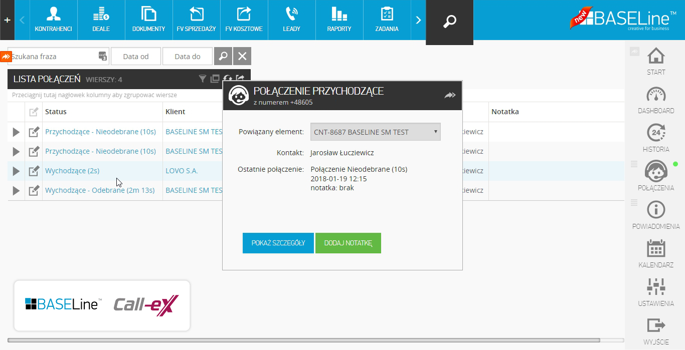 Przykładowe okienko odbierania połączenia przychodzącego w CRM. Pracownik może od razu dodać kontakt do CRM i edytować notatki o nim. Ekran systemu Baseline.