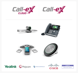 Sprzęt urządzenia VoIP wspierane przez Datera, loga partnerów: Yealink, Polycom, Cisco, Grandstream, MS Teams