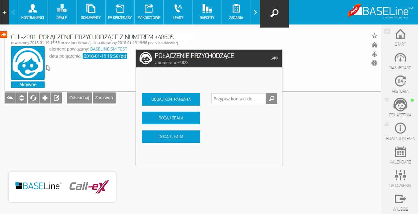 Przykładowy ekran Baseline CRM z popupem centralki VoIP