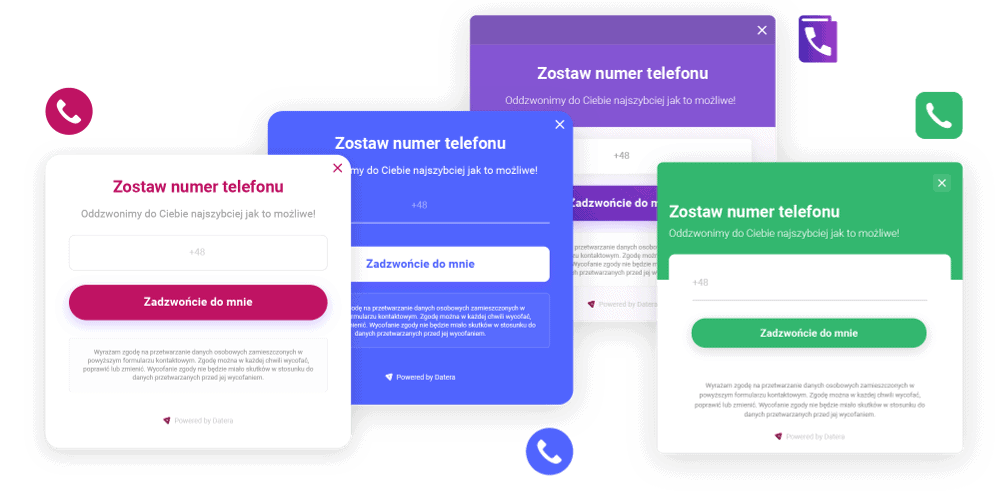 Wizualizacja usługi call back widget od Datera - kolorowe popupy na numer telefoniczny